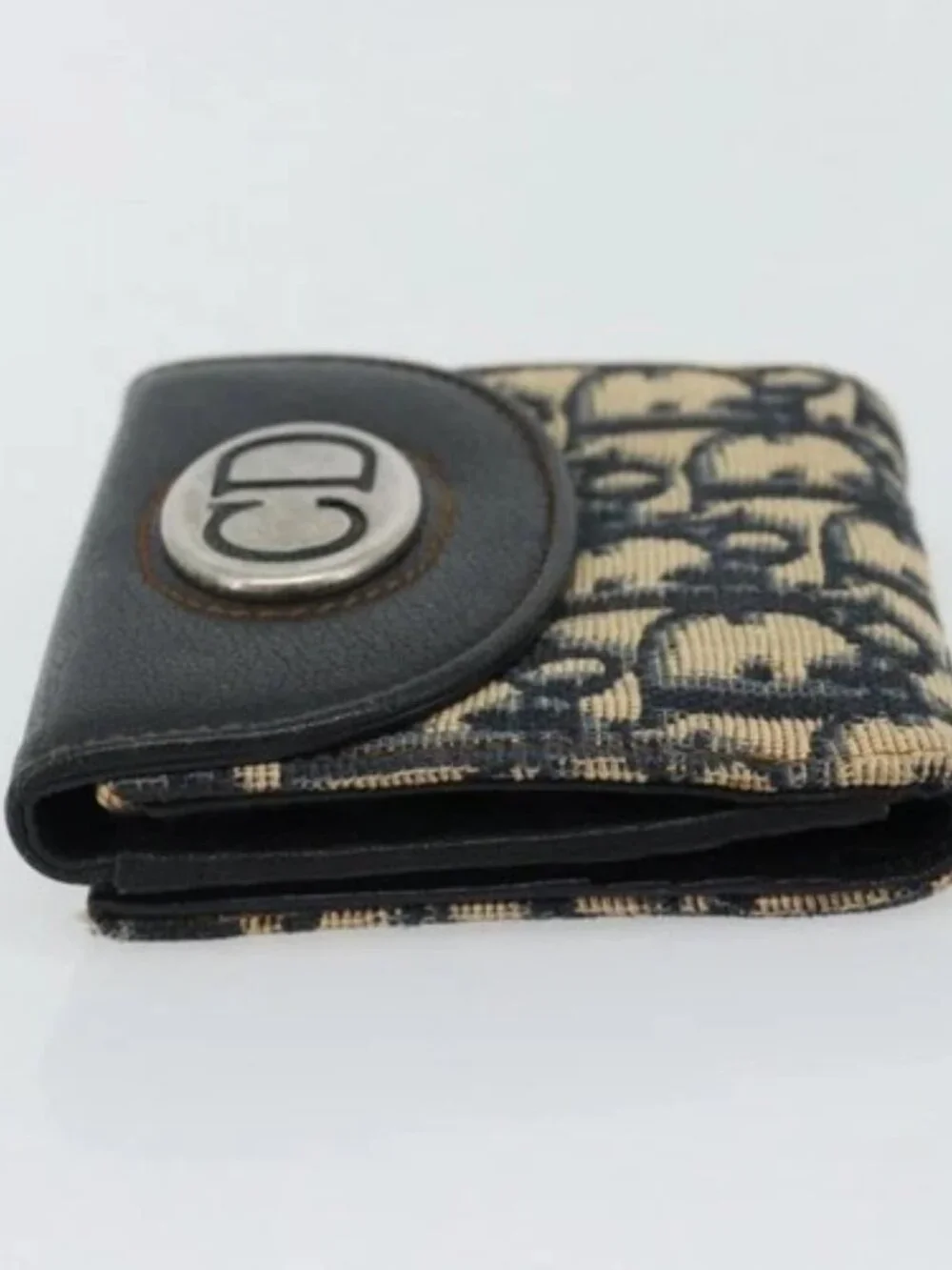 Christian Dior Trotter Canvas Compact Wallet Navy Silver Auth 181463A